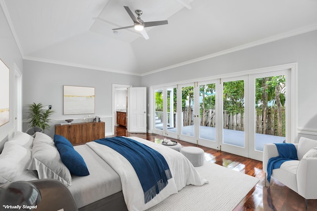 bedroom with vaulted ceiling, dark hardwood / wood-style flooring, ornamental molding, access to outside, and ceiling fan