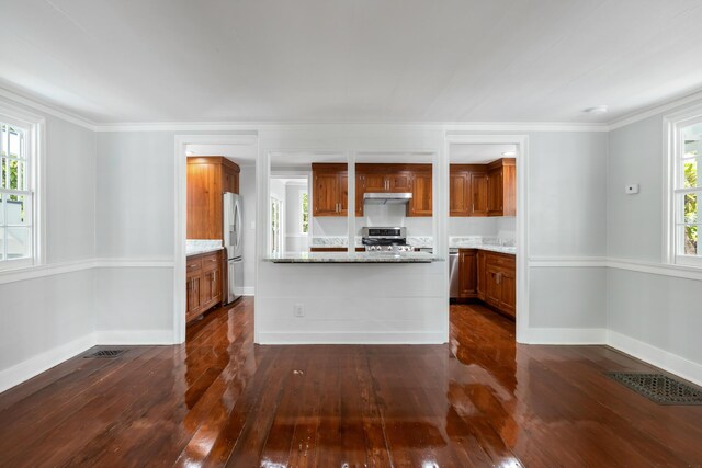 kitchen with dark hardwood / wood-style flooring, ornamental molding, a center island, light stone counters, and stainless steel appliances