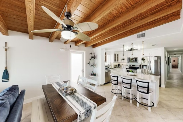 dining room featuring light tile patterned flooring, sink, wooden ceiling, beamed ceiling, and ceiling fan