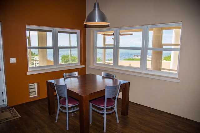 dining area with a water view and dark wood-type flooring