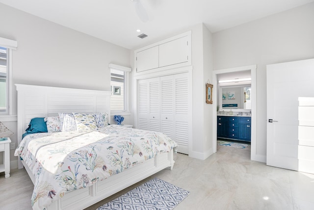 bedroom featuring a closet and ceiling fan