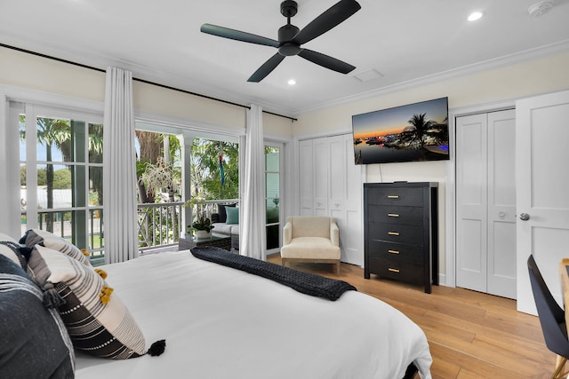 205 Virginia St, Key West, FL 33040 - bedroom with multiple closets, crown molding, light wood-style floors, recessed lighting, and a ceiling fan