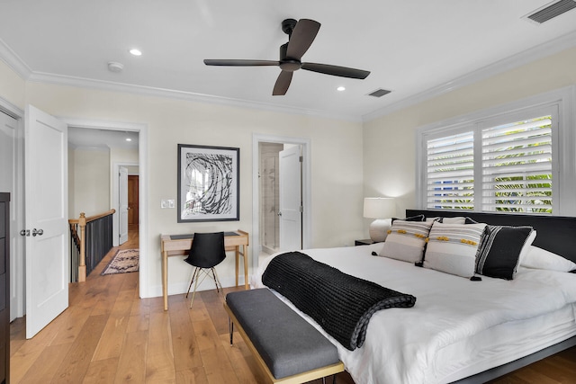 205 Virginia St, Key West, FL 33040 - bedroom with ornamental molding, recessed lighting, light wood-style floors, and ceiling fan