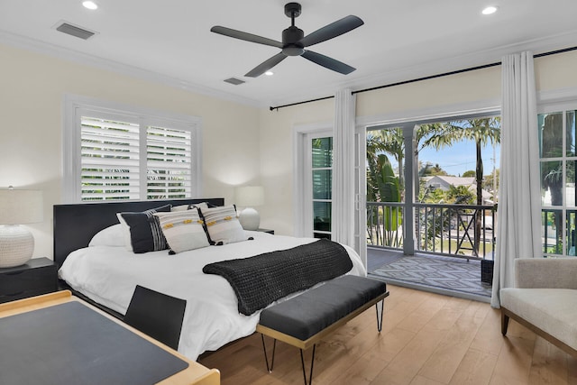 205 Virginia St, Key West, FL 33040 - bedroom with access to exterior, hardwood / wood-style flooring, recessed lighting, ceiling fan, and crown molding