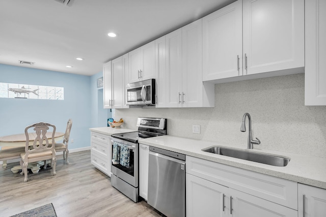 kitchen featuring white cabinetry, stainless steel appliances, sink, and backsplash