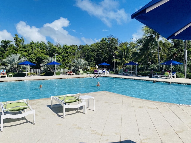 community pool with a patio and fence