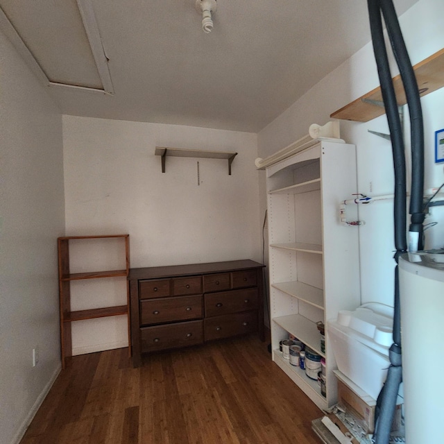 spacious closet featuring water heater and dark wood-type flooring