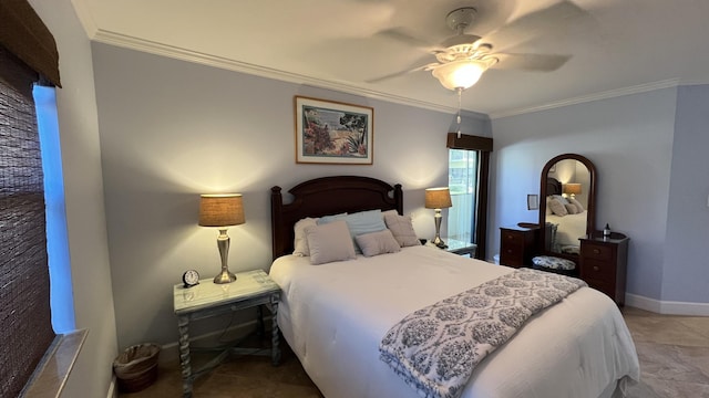 bedroom featuring crown molding and ceiling fan