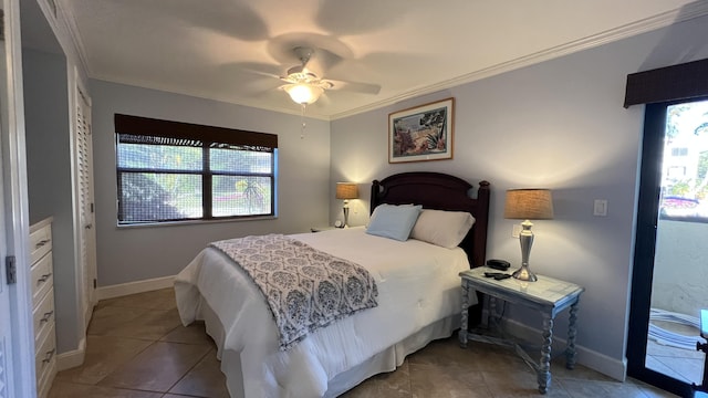 tiled bedroom with ornamental molding and ceiling fan