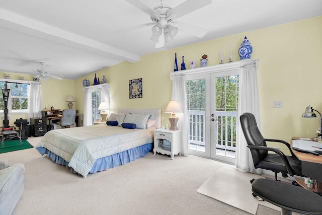 carpeted bedroom featuring french doors, ceiling fan, access to exterior, and lofted ceiling with beams