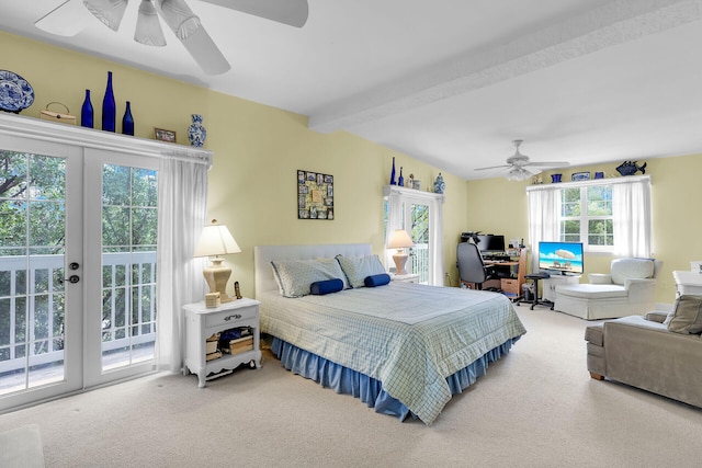 bedroom featuring ceiling fan, carpet flooring, access to outside, and beam ceiling