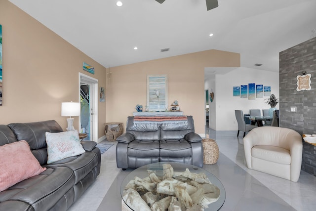 tiled living room with lofted ceiling