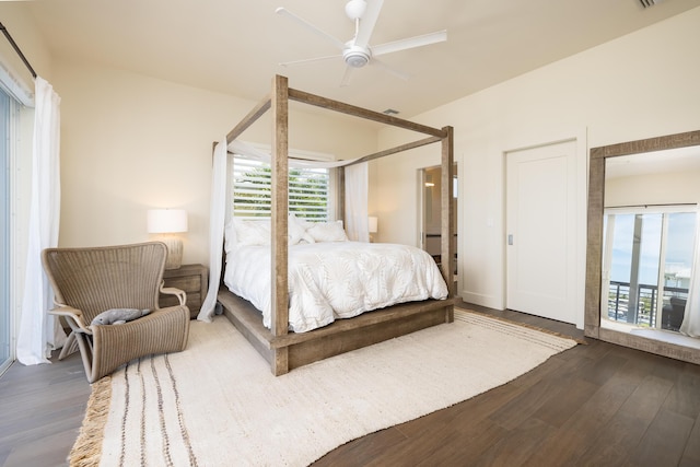 bedroom featuring wood-type flooring and ceiling fan