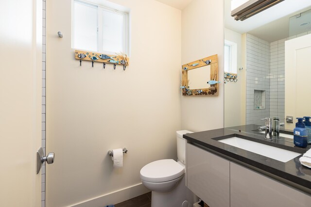 bathroom featuring vanity, a shower, a wealth of natural light, and toilet