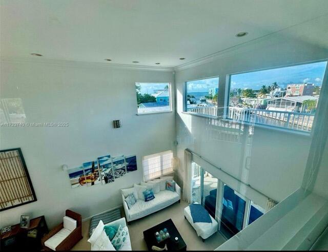 living room with recessed lighting and crown molding