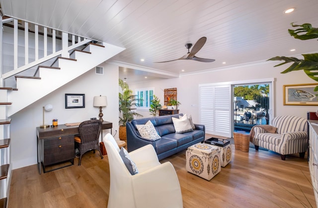 living room with wooden ceiling, ceiling fan, and light hardwood / wood-style flooring