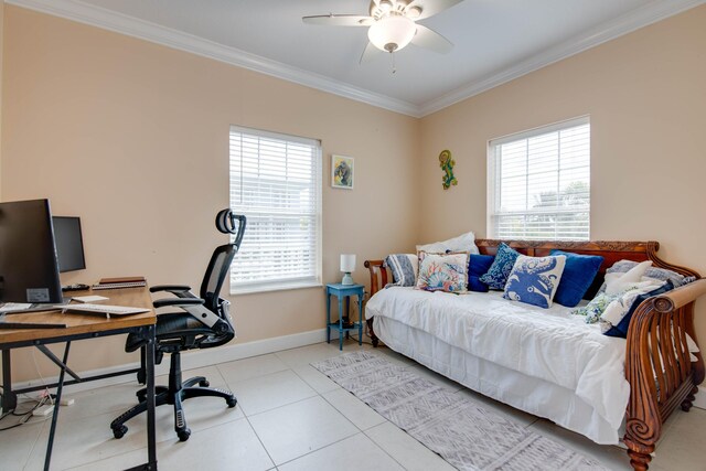 bedroom with light tile patterned flooring, ceiling fan, and ornamental molding