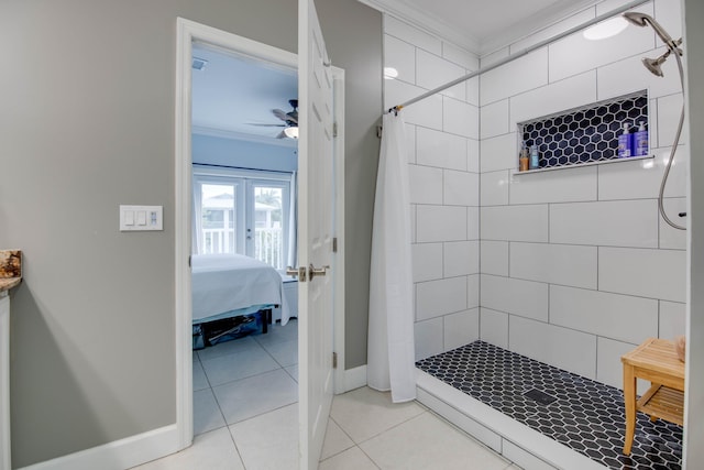 bathroom with crown molding, ceiling fan, tile patterned flooring, curtained shower, and french doors