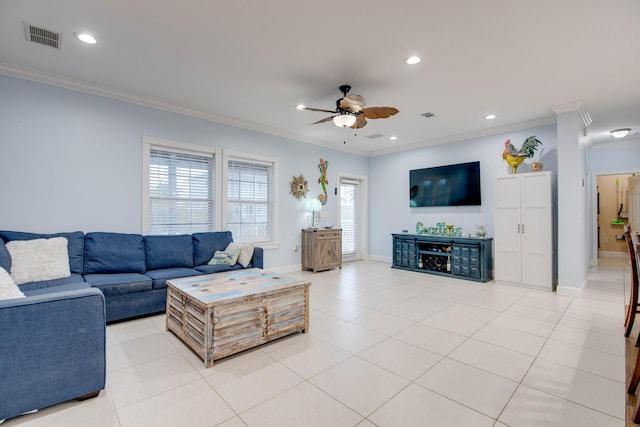 tiled living room with crown molding and ceiling fan