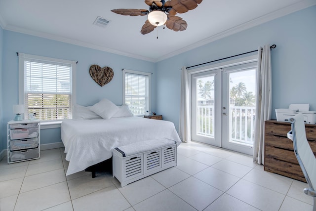 tiled bedroom featuring crown molding, ceiling fan, access to exterior, and french doors