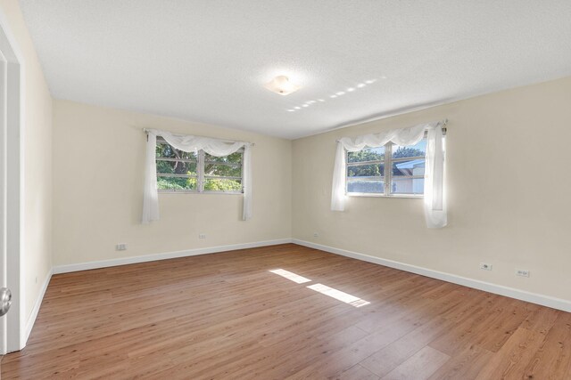 spare room featuring a wealth of natural light, a textured ceiling, and light wood-type flooring