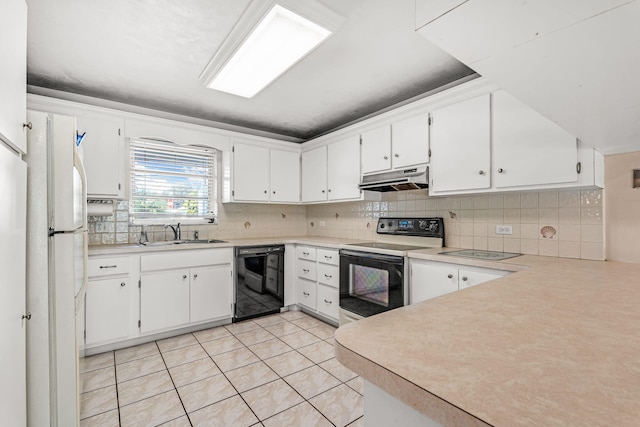 kitchen featuring sink, black dishwasher, white cabinets, electric stove, and backsplash