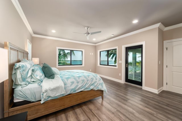 bedroom featuring wood-type flooring, ornamental molding, access to outside, and ceiling fan