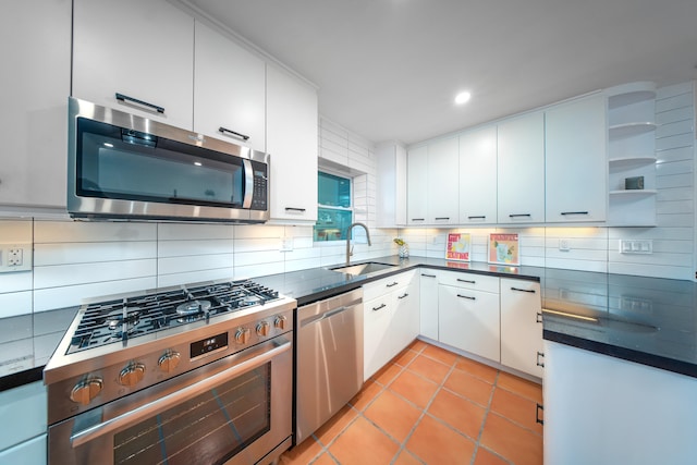 kitchen featuring open shelves, stainless steel appliances, dark countertops, tasteful backsplash, and a sink