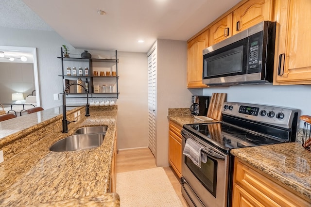 kitchen with stainless steel appliances, sink, and light stone counters