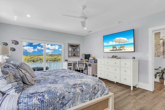 bedroom featuring baseboards, ceiling fan, access to exterior, light wood-style floors, and recessed lighting