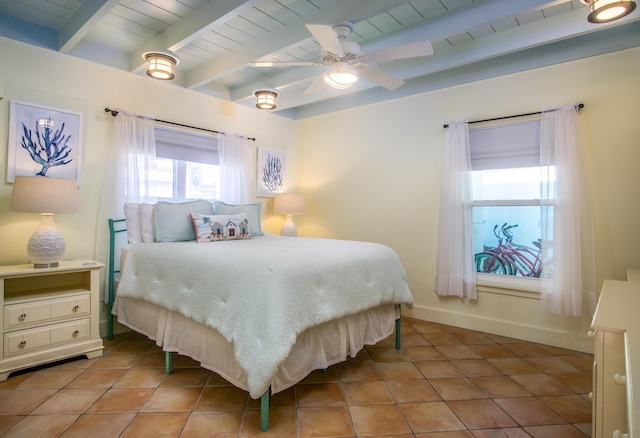 bedroom with ceiling fan, light tile patterned floors, wooden ceiling, and beam ceiling