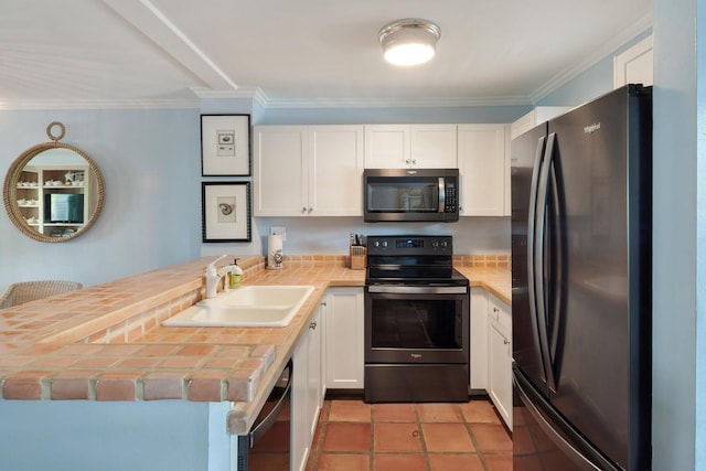 kitchen with sink, crown molding, white cabinetry, black appliances, and kitchen peninsula