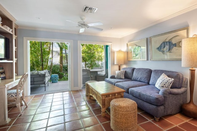 living room featuring ornamental molding and ceiling fan