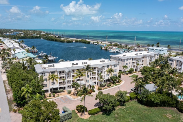 drone / aerial view with a water view