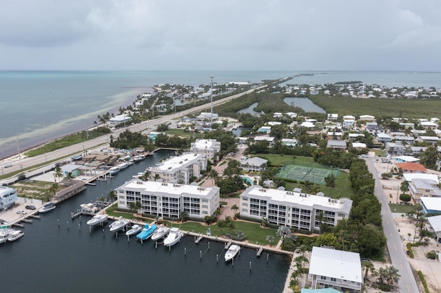 bird's eye view with a water view