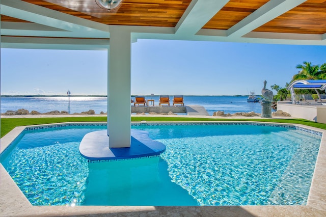 view of swimming pool with a water view