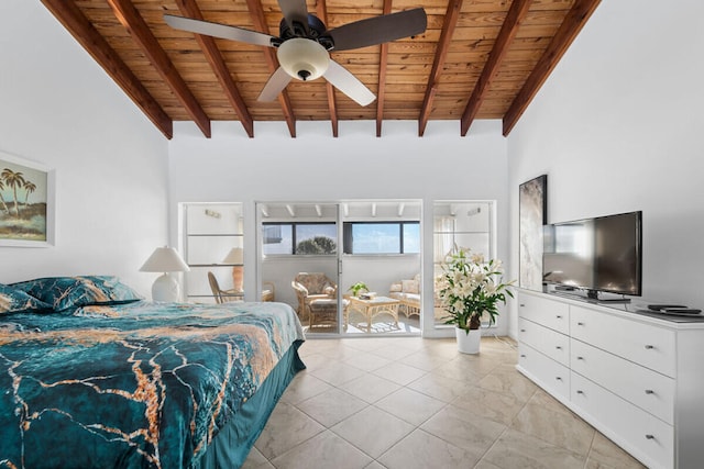 tiled bedroom with high vaulted ceiling, wooden ceiling, and beam ceiling