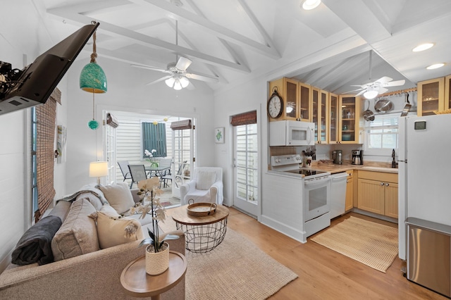 kitchen featuring white appliances, lofted ceiling with beams, glass insert cabinets, light countertops, and light wood-style floors