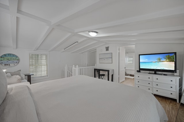 bedroom with dark wood-type flooring, visible vents, and lofted ceiling with beams