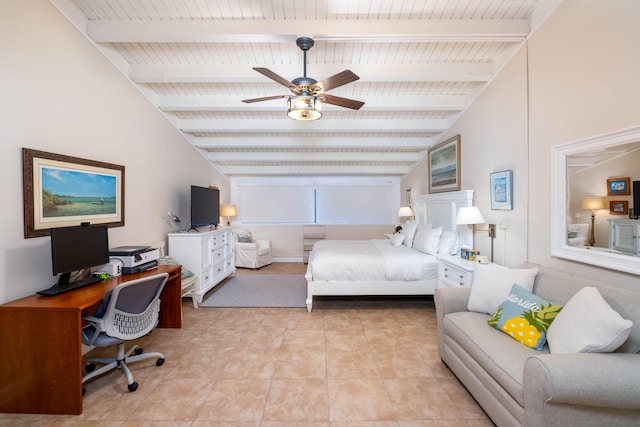 tiled bedroom with ceiling fan and lofted ceiling with beams