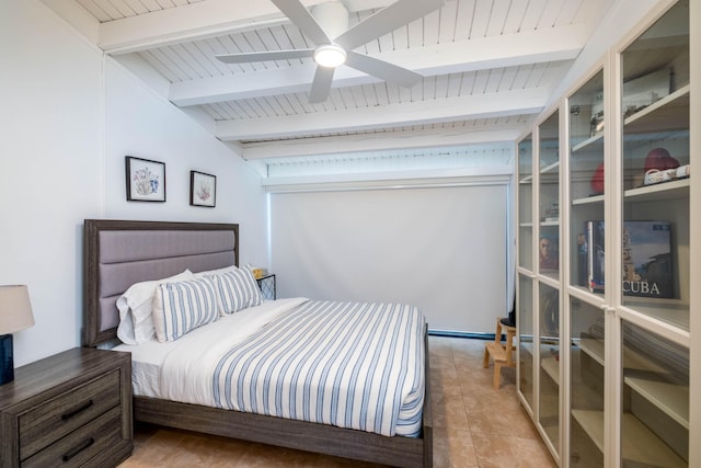 tiled bedroom featuring wood ceiling and beam ceiling