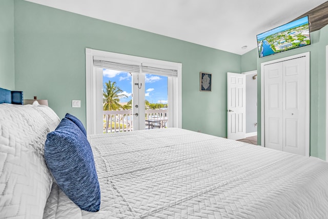 bedroom with french doors, a closet, access to exterior, and baseboards