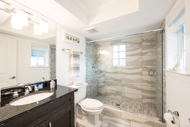 bathroom with walk in shower, plenty of natural light, toilet, and vanity