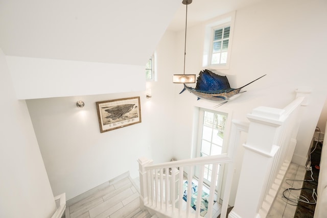 staircase featuring plenty of natural light and hardwood / wood-style floors