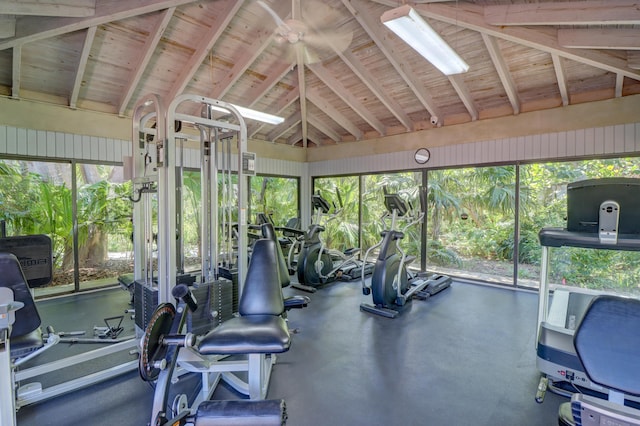 exercise room featuring a healthy amount of sunlight, wood ceiling, and vaulted ceiling