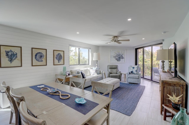 dining room with light tile patterned floors, recessed lighting, a wealth of natural light, and ceiling fan