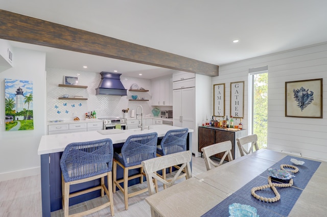 dining room with beamed ceiling, visible vents, recessed lighting, a toaster, and baseboards