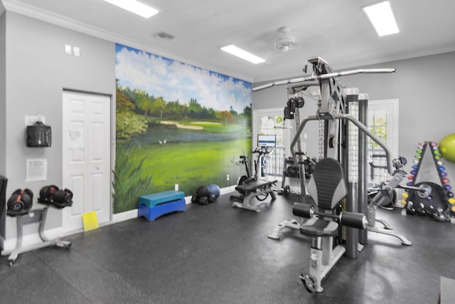 exercise room featuring ornamental molding and baseboards