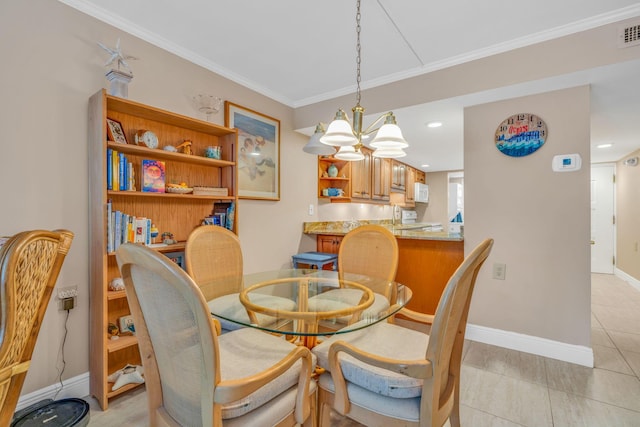 201 E Ocean Dr Unit 211, Key Colony, FL 33051 - dining space featuring light tile patterned floors, ornamental molding, a chandelier, and baseboards