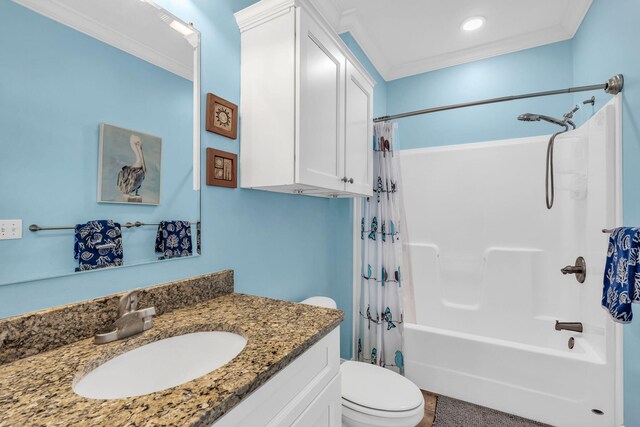 full bathroom with crown molding, vanity, toilet, and shower / bath combo with shower curtain